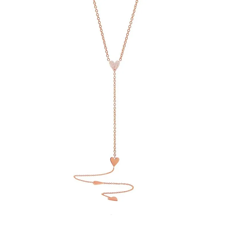 14k Rose Gold Pave Heart Lariat Necklace