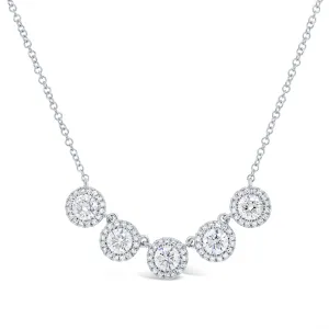 14K White Gold Round Halo 5 Station Diamond Necklace