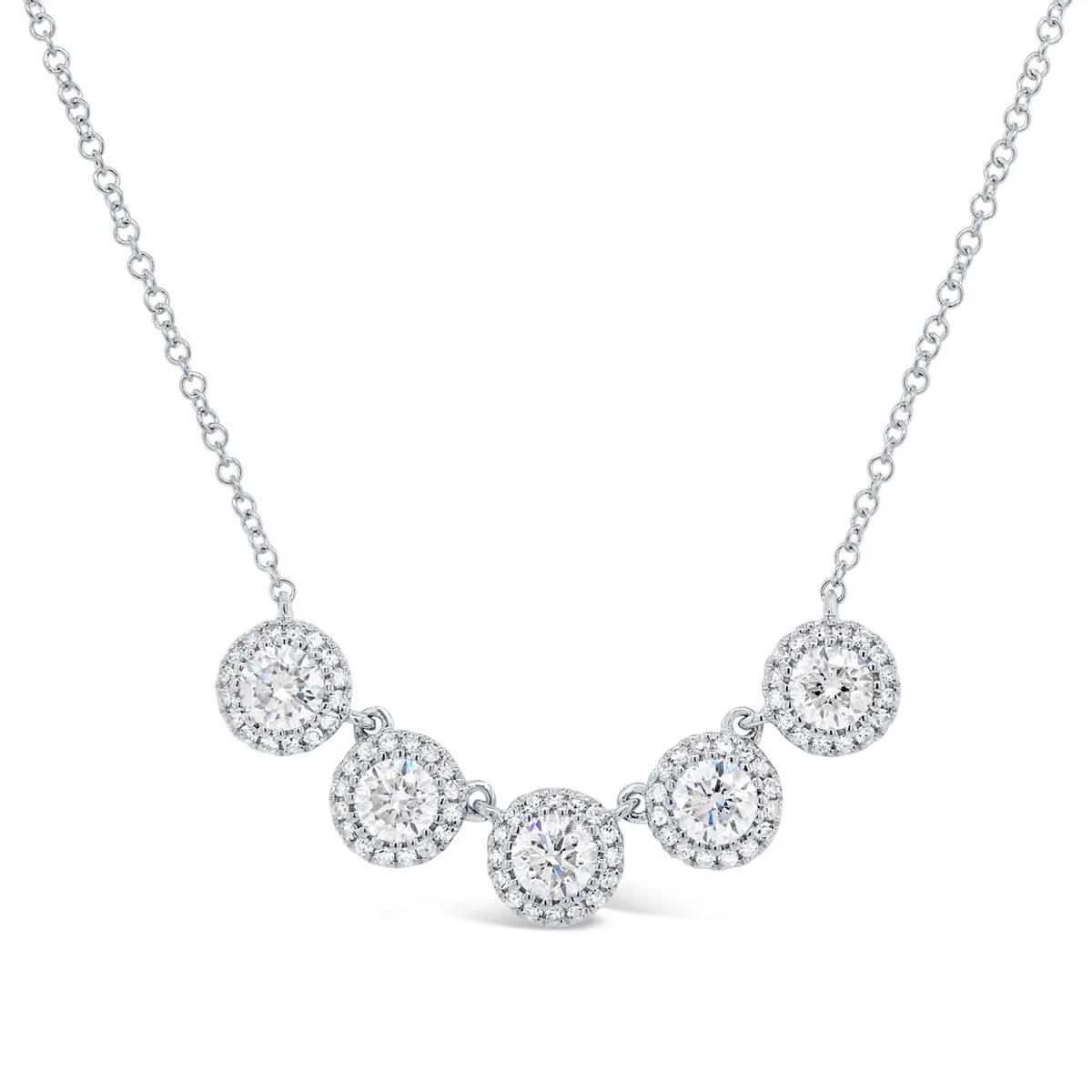 14K White Gold Round Halo 5 Station Diamond Necklace