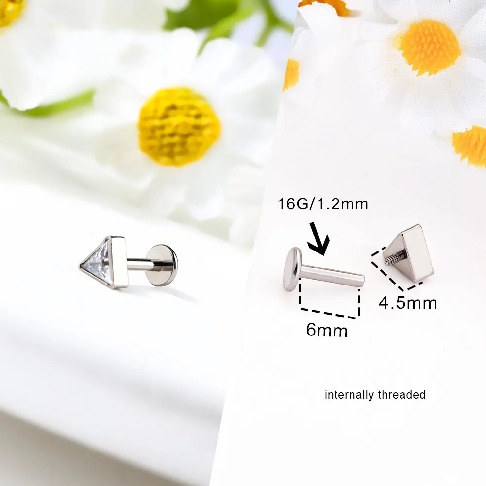 16G Titanium Internally Threaded Crystal CZ Triangle Cartilage Stud Collection