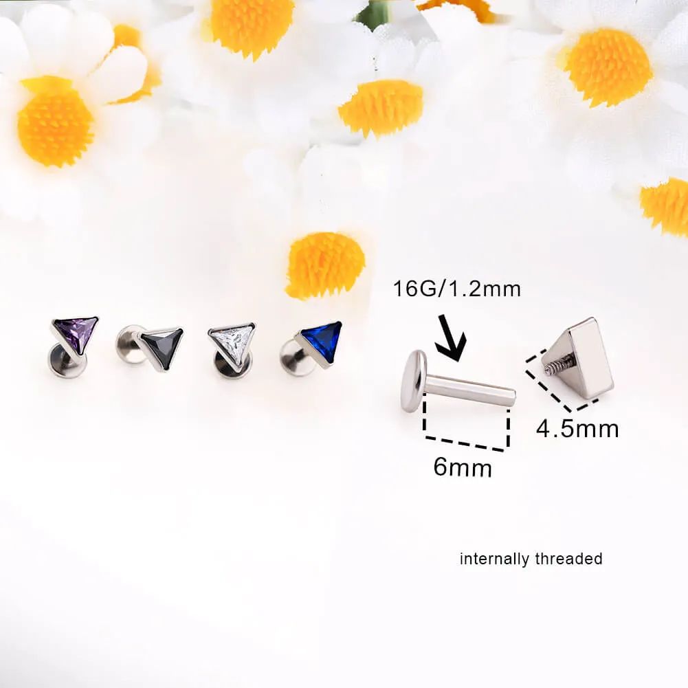 16G Titanium Internally Threaded Crystal CZ Triangle Cartilage Stud Collection