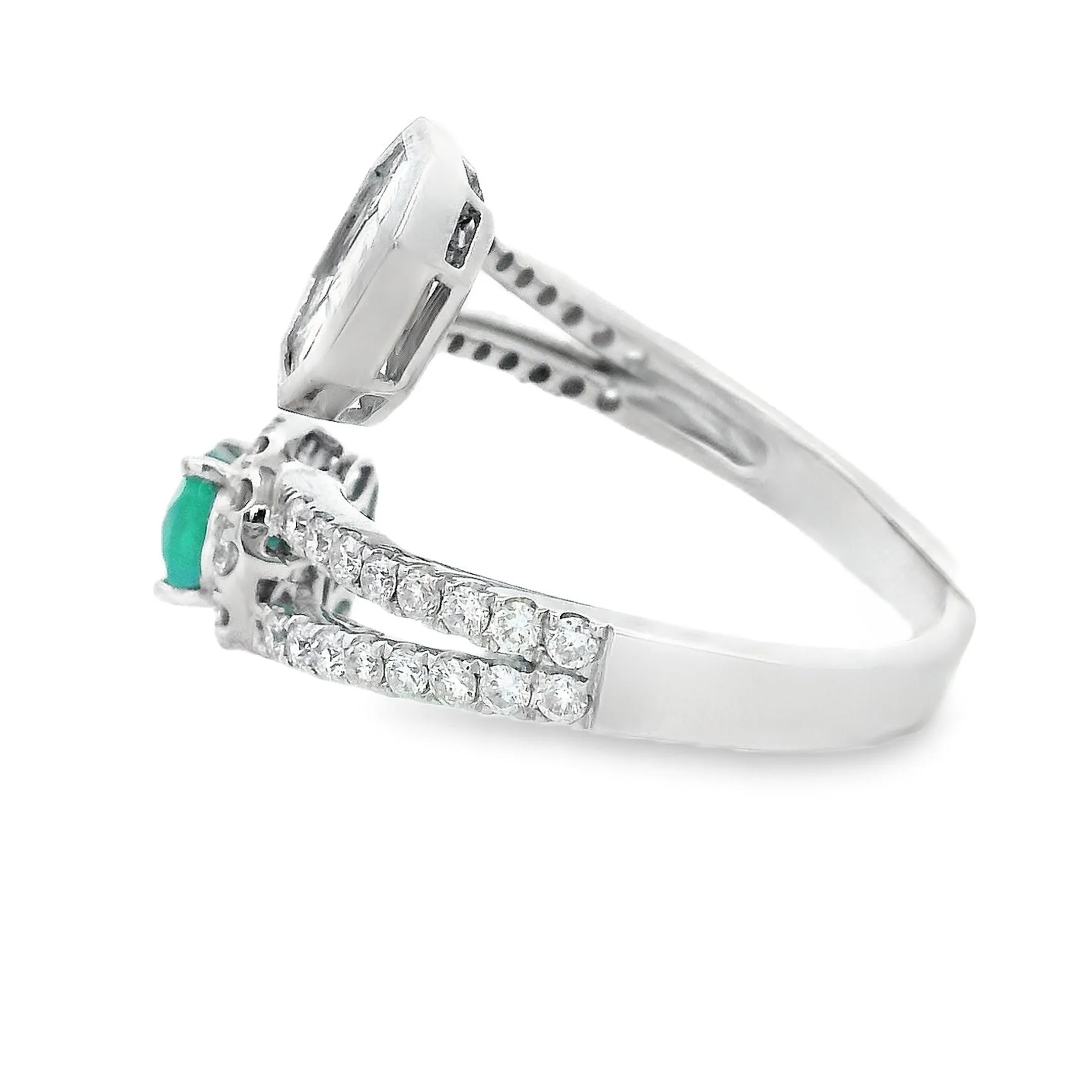 18k White Gold Diamond and Emerald Bypass Ring