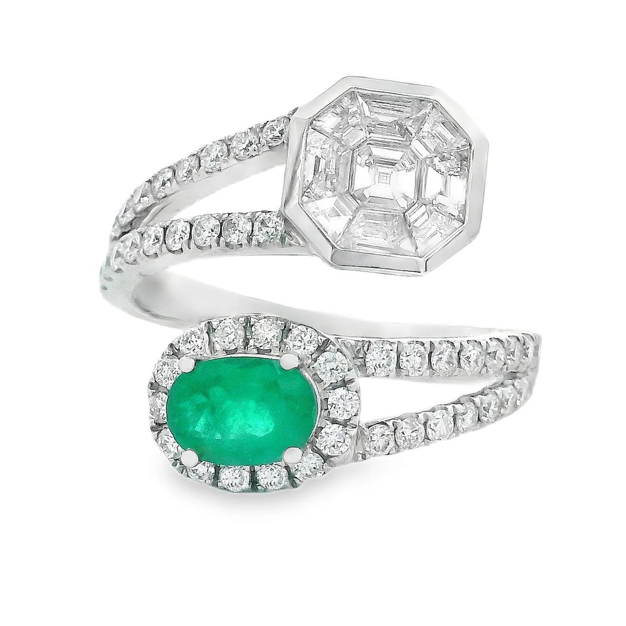 18k White Gold Diamond and Emerald Bypass Ring