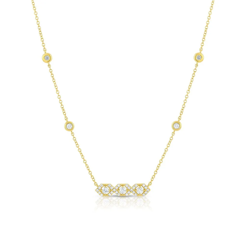 18K Yellow Gold Diamond 3 Hexagon Bar Pendant Necklace