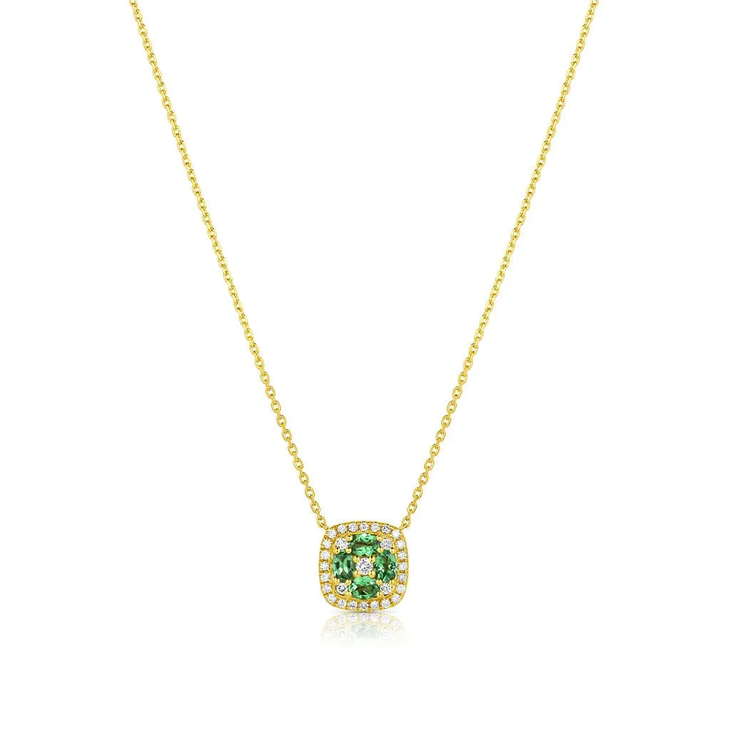 18kt Yellow Gold Green Garnet Diamond Cushion Pendant Necklace