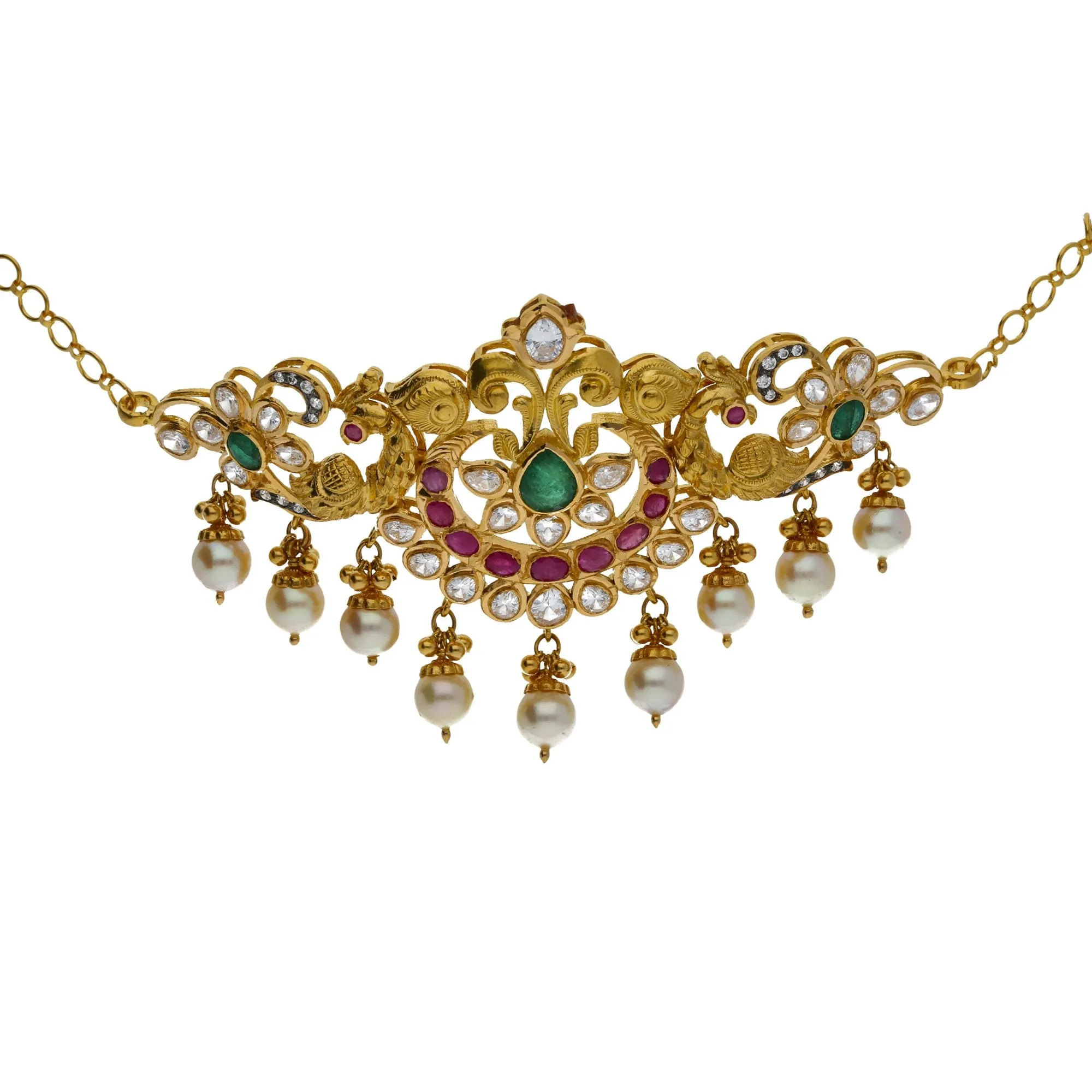 22K Yellow Antique Gold 2-in-1 Choker/Vanki & Jhumki Earrings Set W/ Kundan, Emerald, Pearls & Crescent Accents