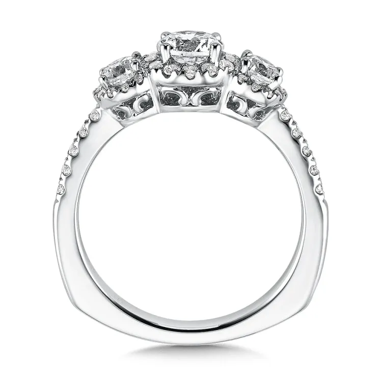 3-Stone Halo Diamond Engagement Ring