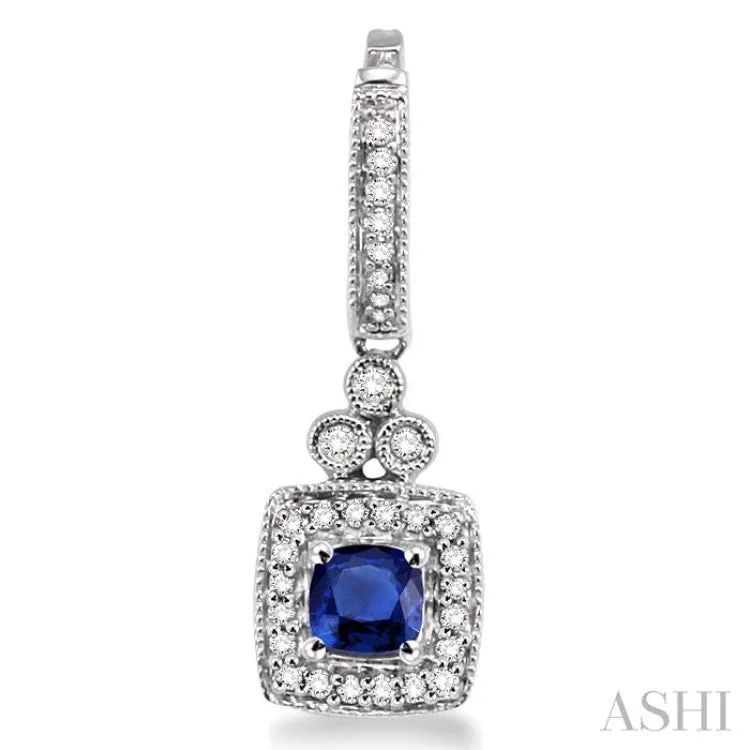 4x4MM Cushion Cut Sapphire and 1/3 Ctw Round Cut Diamond Earrings in 14K White Gold