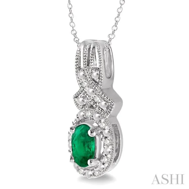 5x3 mm Oval Cut Emerald and 1/50 Ctw Single Cut Diamond Pendant in Sterling Silver with Chain