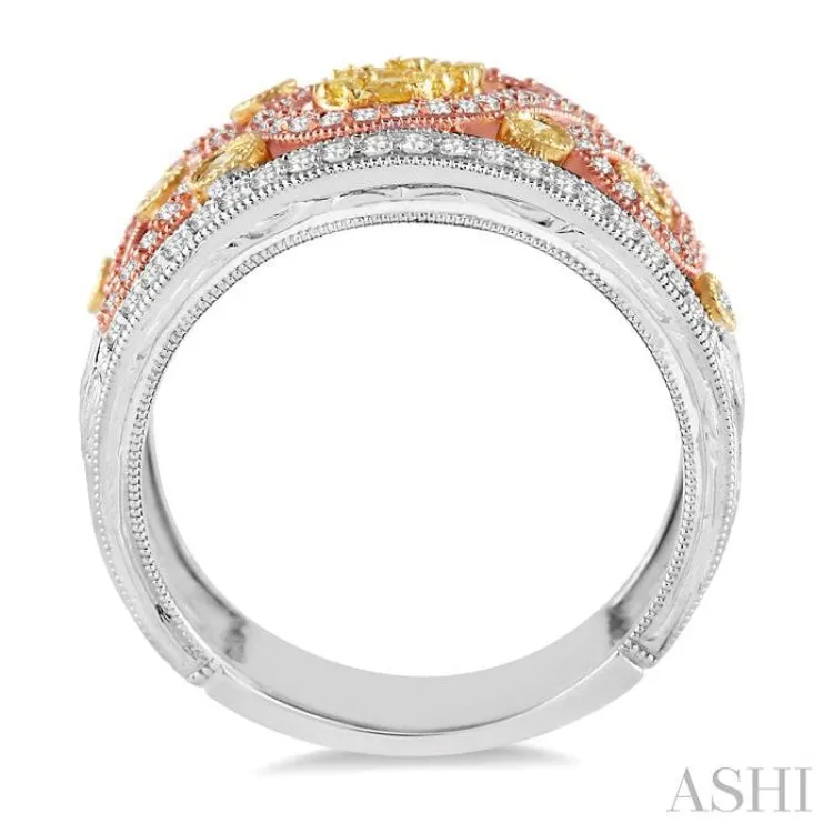 7/8 Ctw Round Cut Yellow and White Diamond Fashion Ring in 14K Tri Color Gold