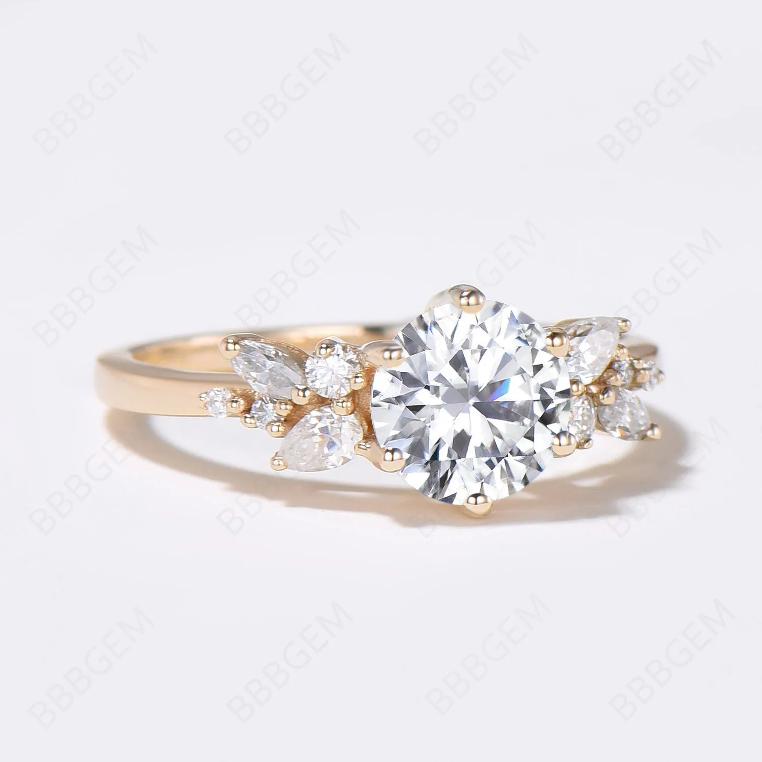 7mm Round Moissanite Ring Yellow Gold Cluster Promise Ring