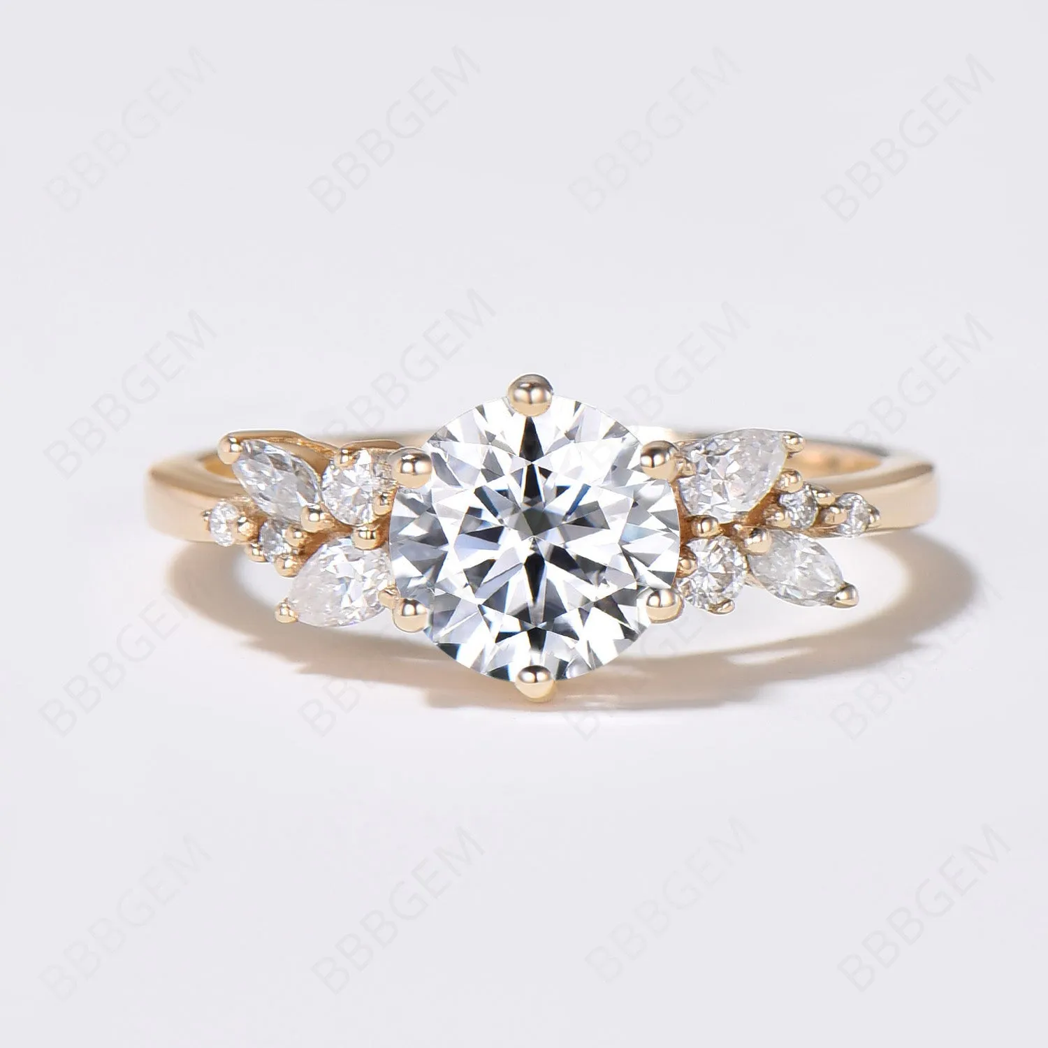 7mm Round Moissanite Ring Yellow Gold Cluster Promise Ring