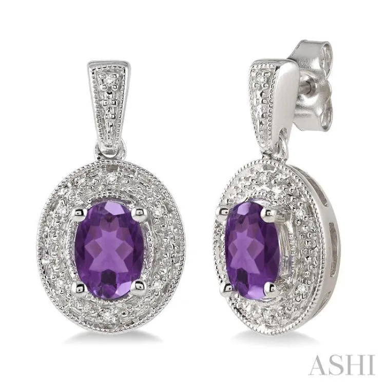 7x5MM Oval Cut Amethyst and 1/20 Ctw Single Cut Diamond Earrings in Sterling Silver