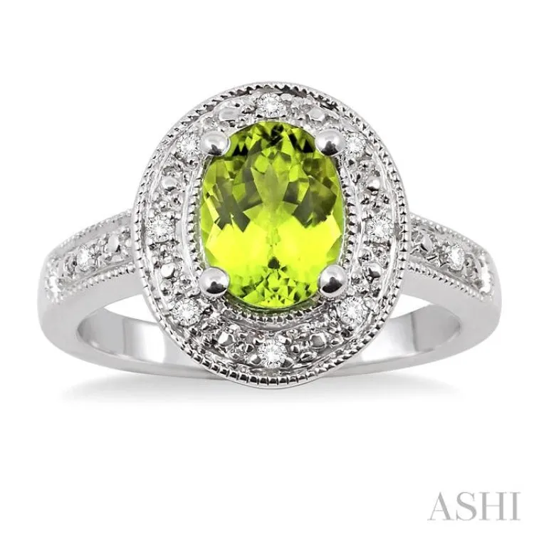 8x6 MM Oval Cut Peridot and 1/20 Ctw Single Cut Diamond Ring in Sterling Silver