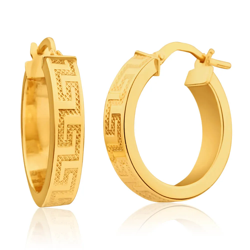 9ct Yellow Gold Silver Filled Greek Key 15mm Hoop Earrings