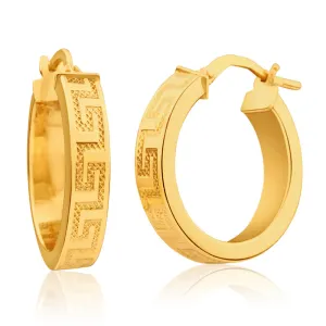 9ct Yellow Gold Silver Filled Greek Key 15mm Hoop Earrings