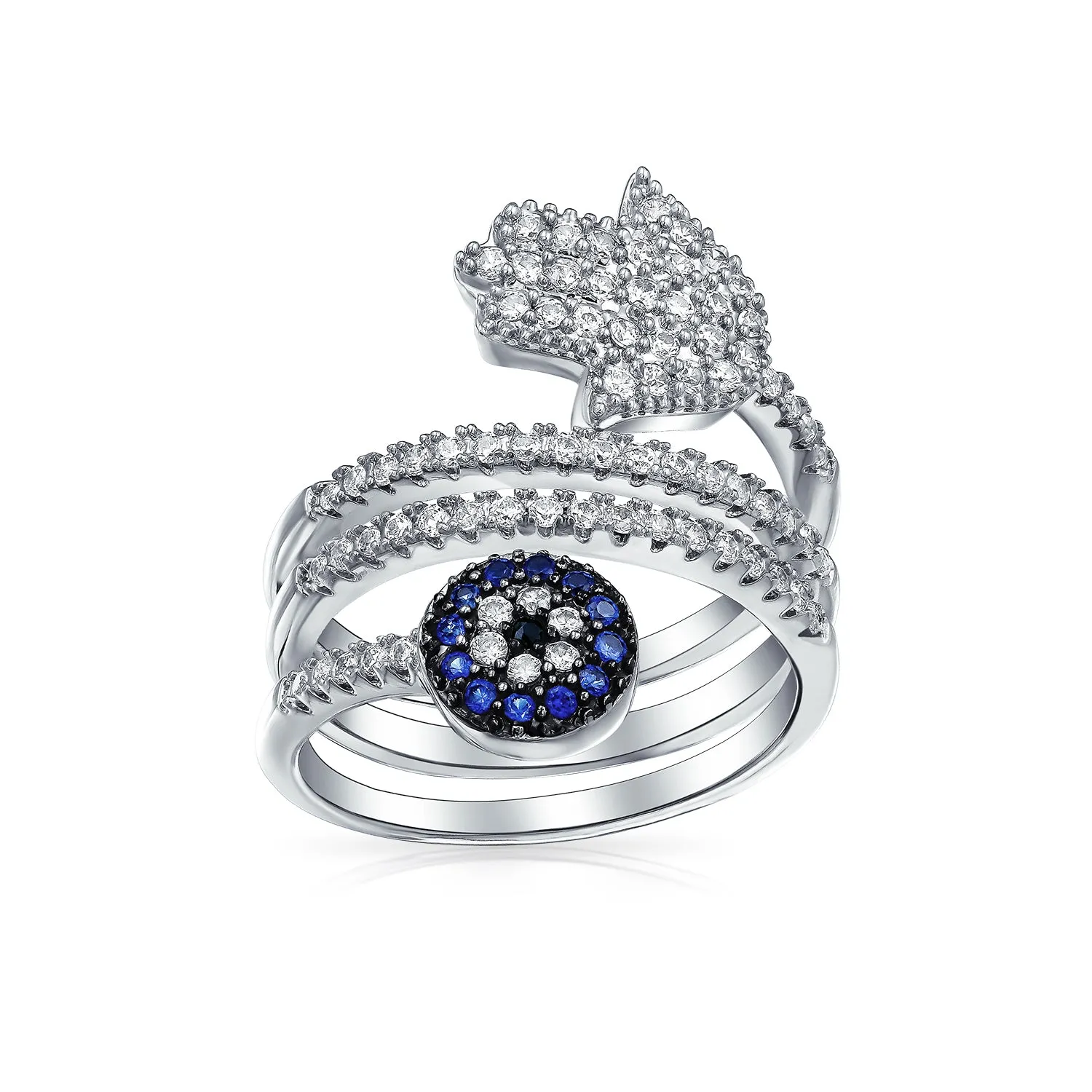 Amulet Talisman Blue CZ Cocktail Statement Ring with Hamsa Evil Eye Design