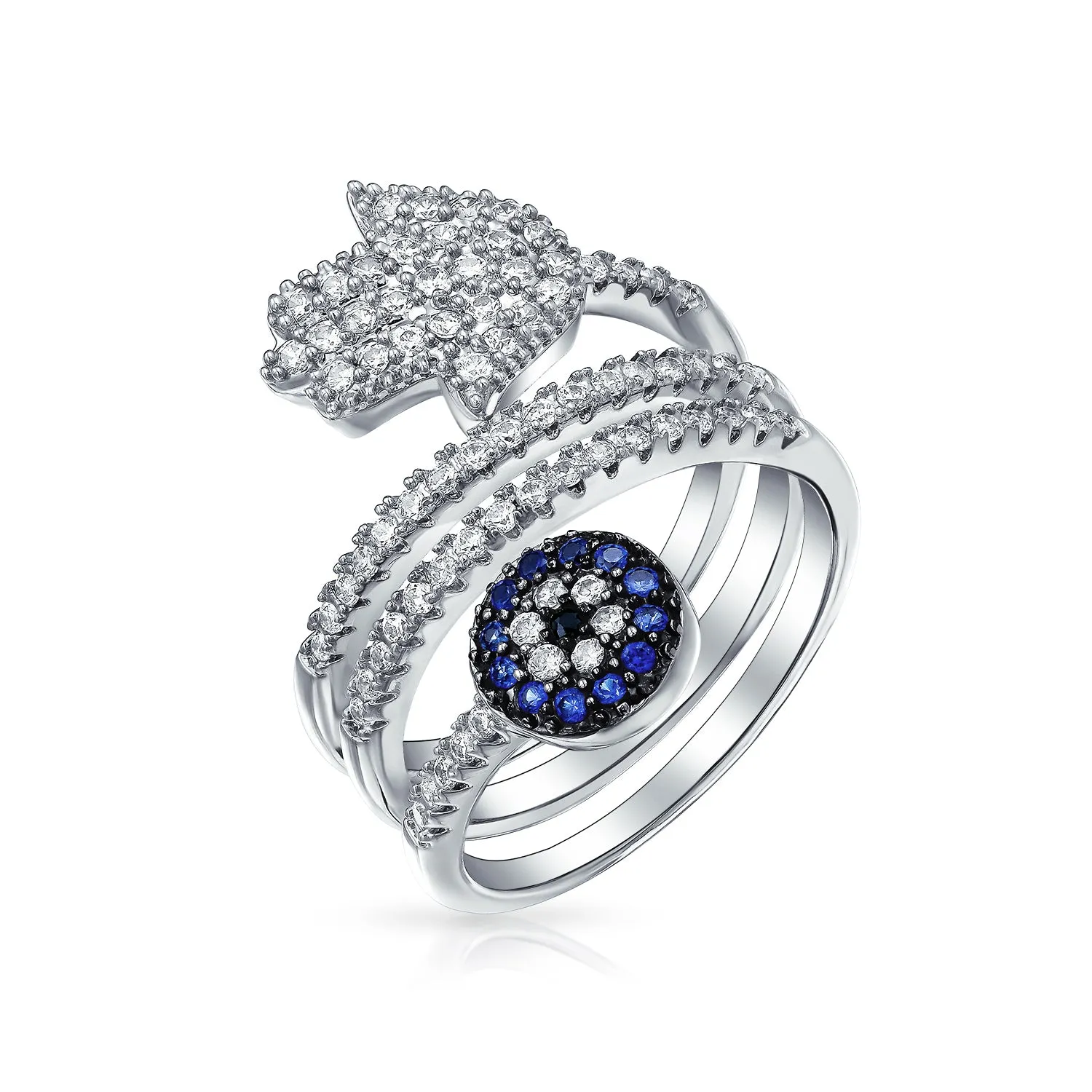 Amulet Talisman Blue CZ Cocktail Statement Ring with Hamsa Evil Eye Design