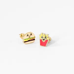 Asymmetrical Cloisonné Stud Earrings - Burger & Fries