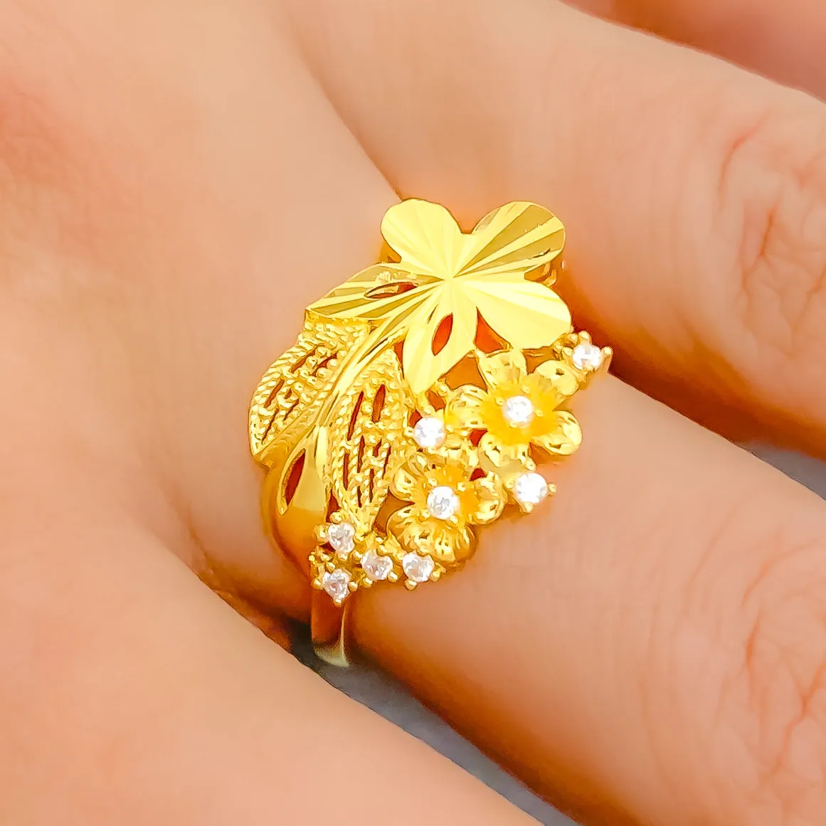 Attractive Floral Bouquet 22K Gold CZ Ring