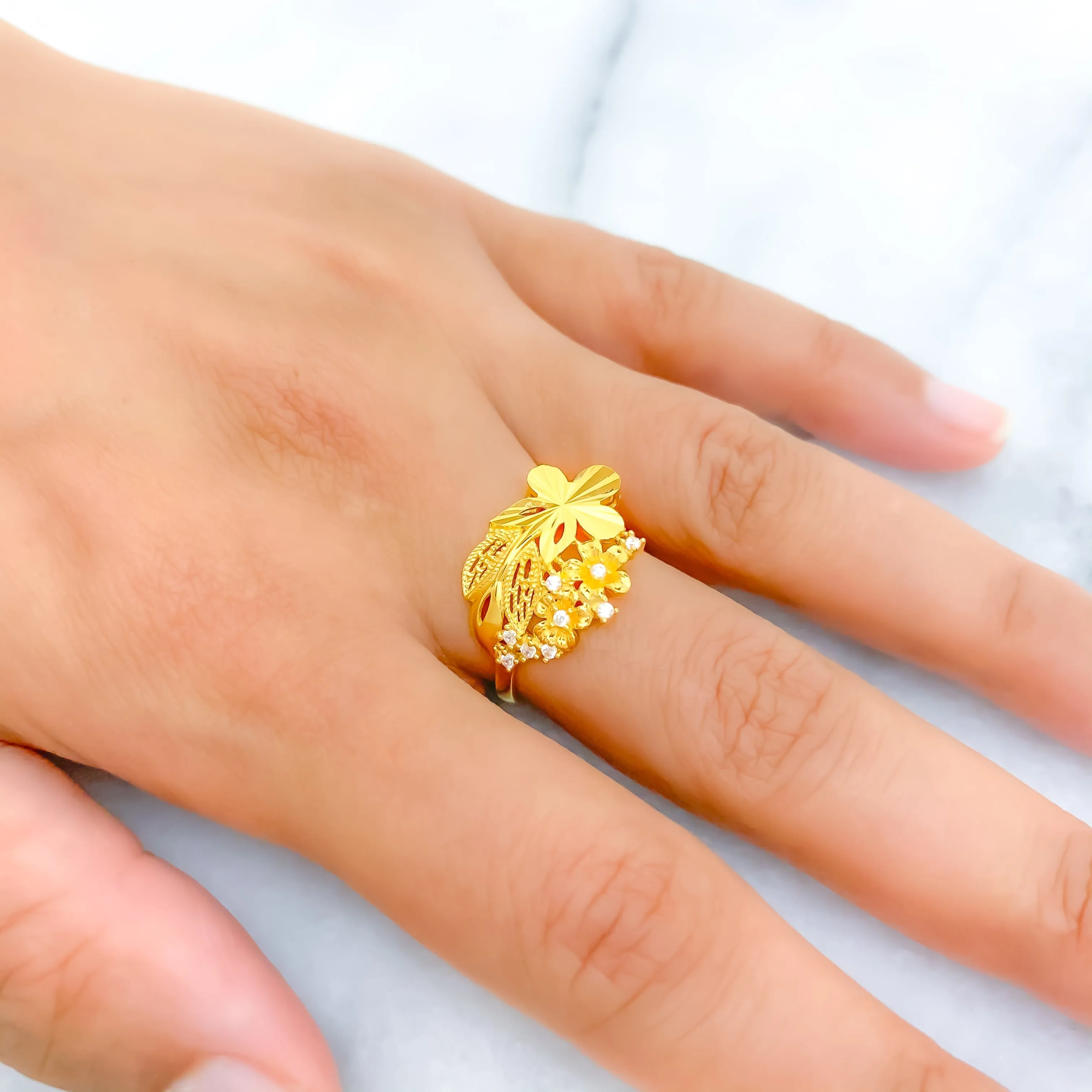 Attractive Floral Bouquet 22K Gold CZ Ring