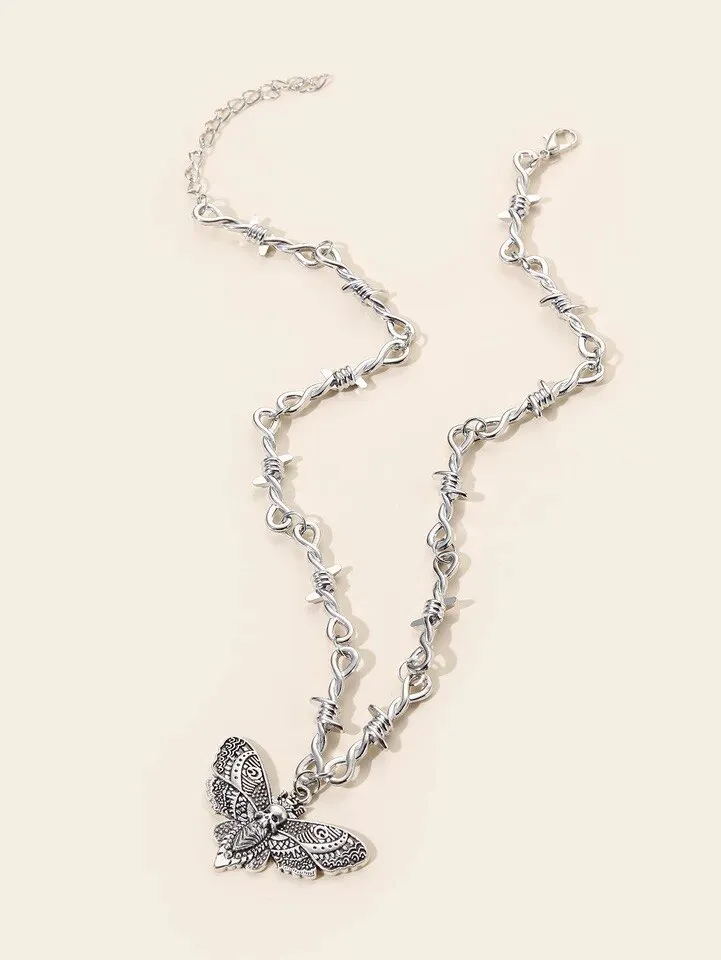 Barbed Wire Moth Skull Necklace