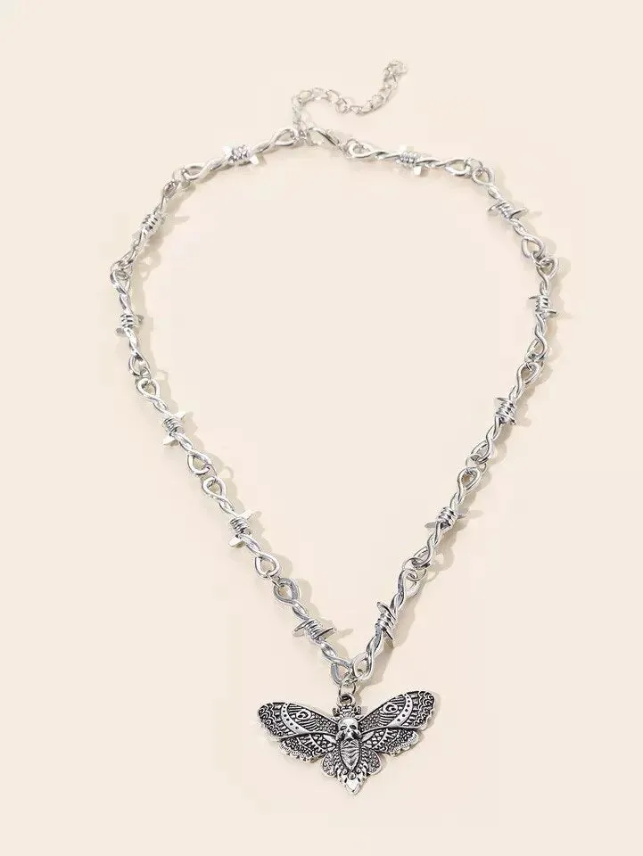 Barbed Wire Moth Skull Necklace