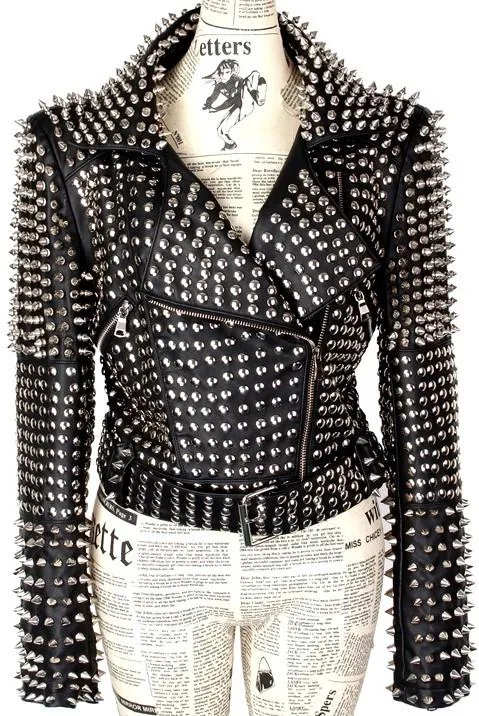 Black Heavily-Studded Faux-Leather Motorcycle Jacket