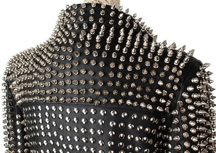 Black Heavily-Studded Faux-Leather Motorcycle Jacket