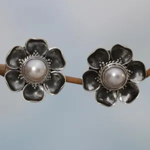 Blooming White Roses Mabe Silver Earrings