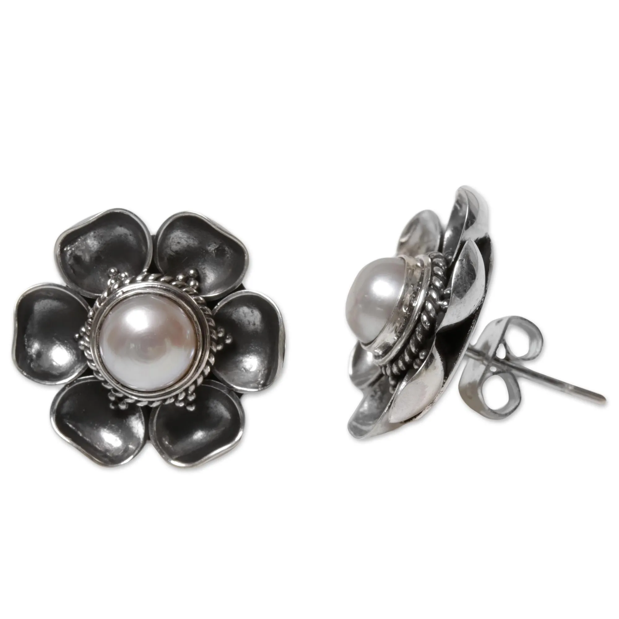 Blooming White Roses Mabe Silver Earrings