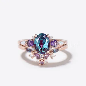 Butterfly Alexandrite Engagement Ring Set Cluster Amethyst Ring