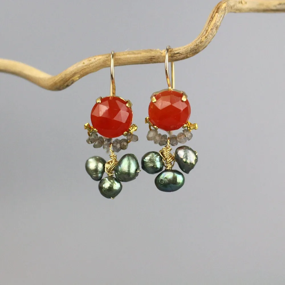 Carnelian Labradorite Clover Earrings