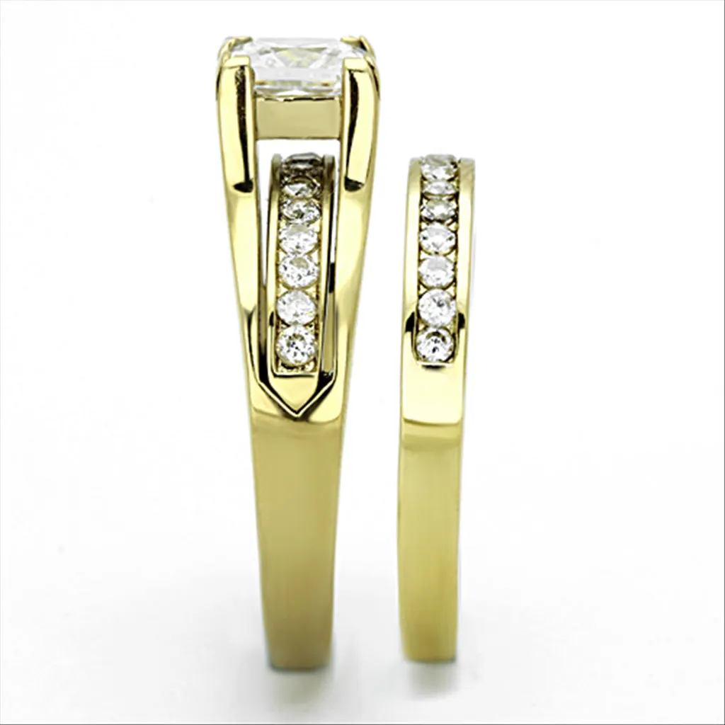 CJG2209 Wholesale Women's Stainless Steel IP Gold AAA Grade CZ Wedding Ring Set