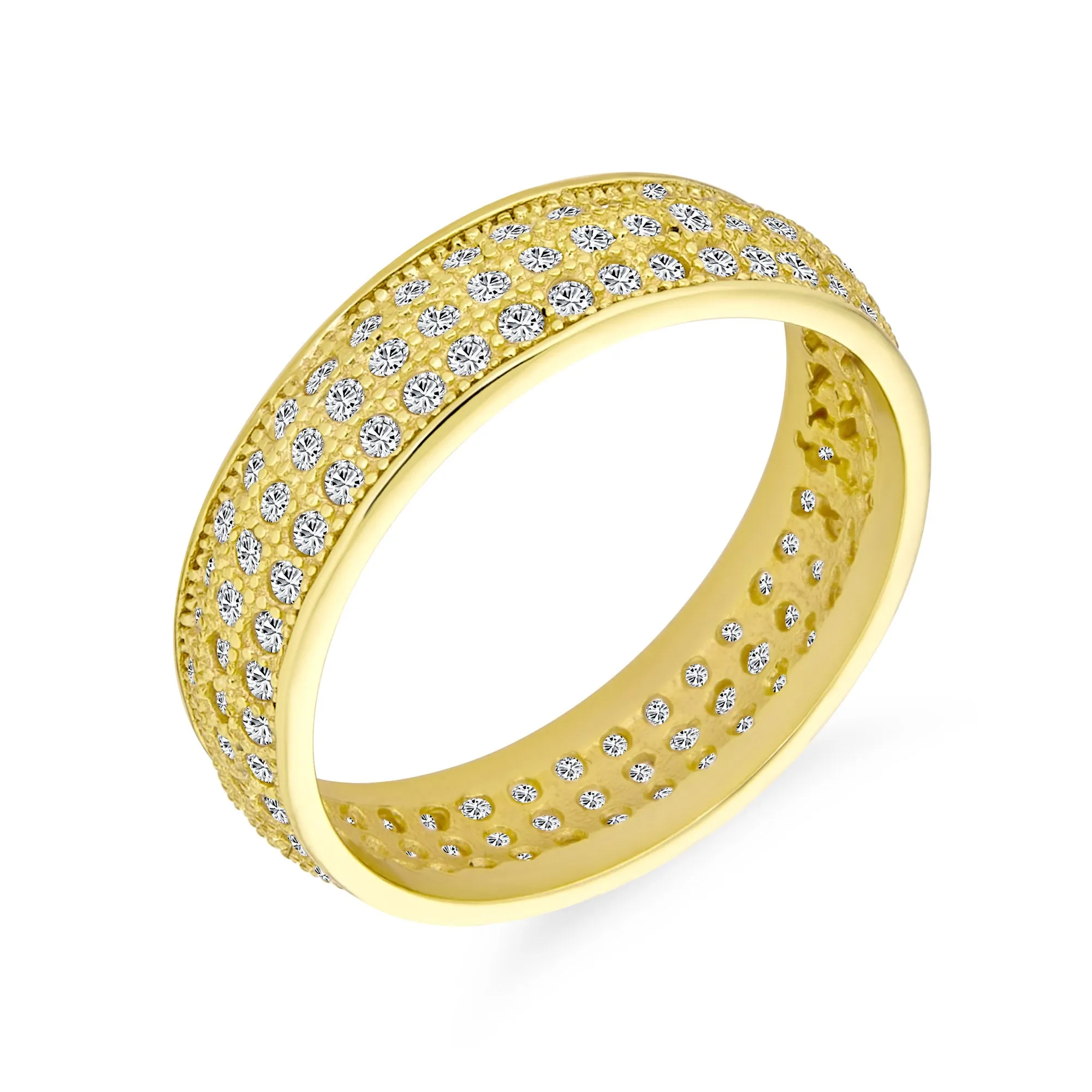 Classic Cocktail Statement Ring: 3 Row CZ Pave Bridal Eternity Band 14K Gold Plated