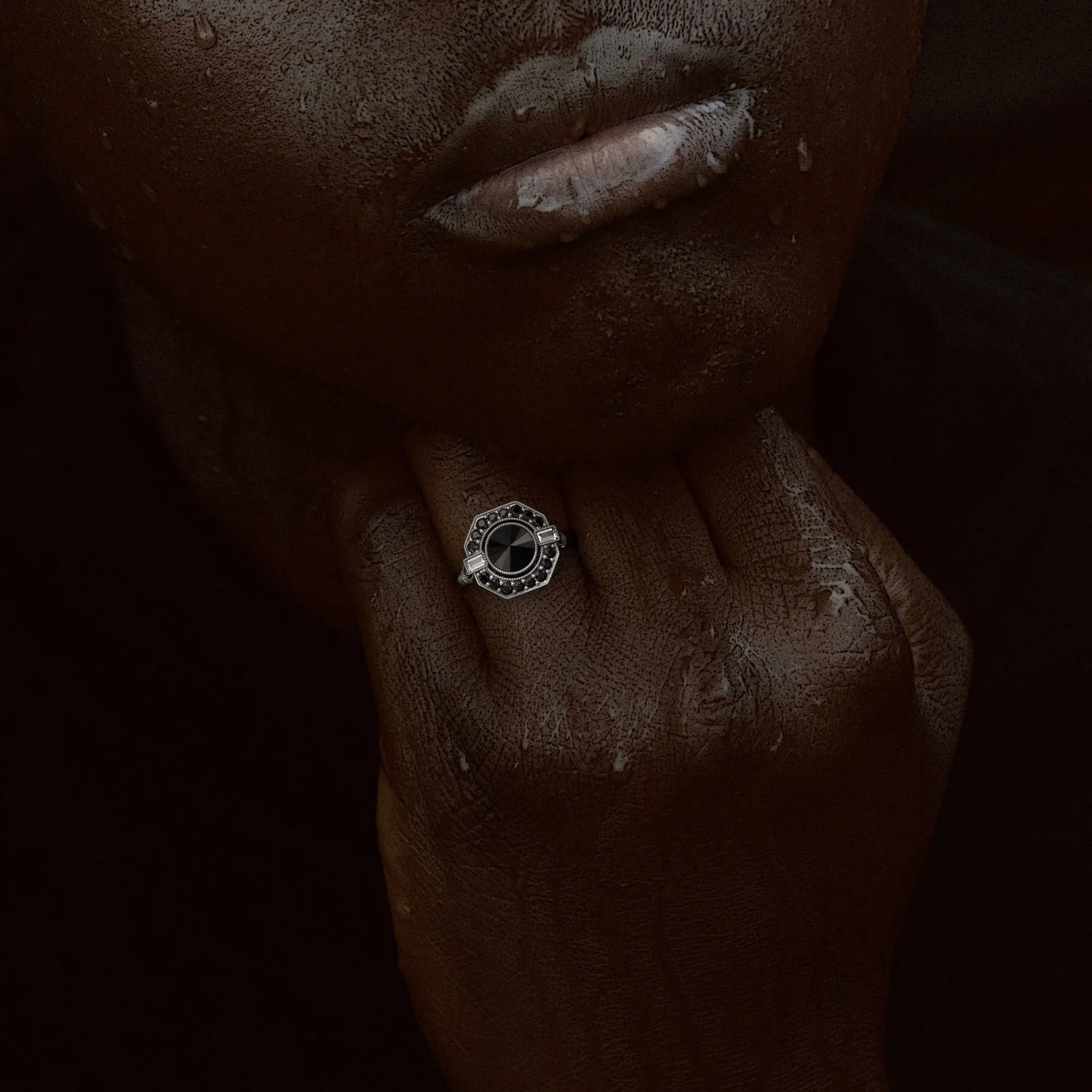 Cosmic Dust Inverted  Natural Black & White Baguette Diamond Ring