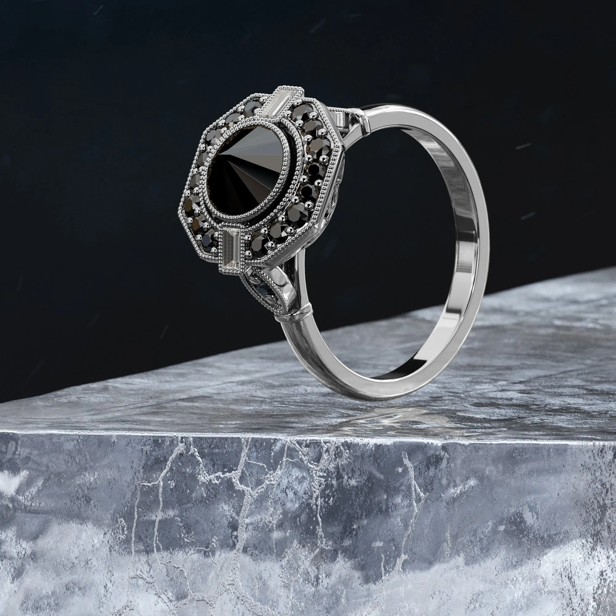 Cosmic Dust Inverted  Natural Black & White Baguette Diamond Ring