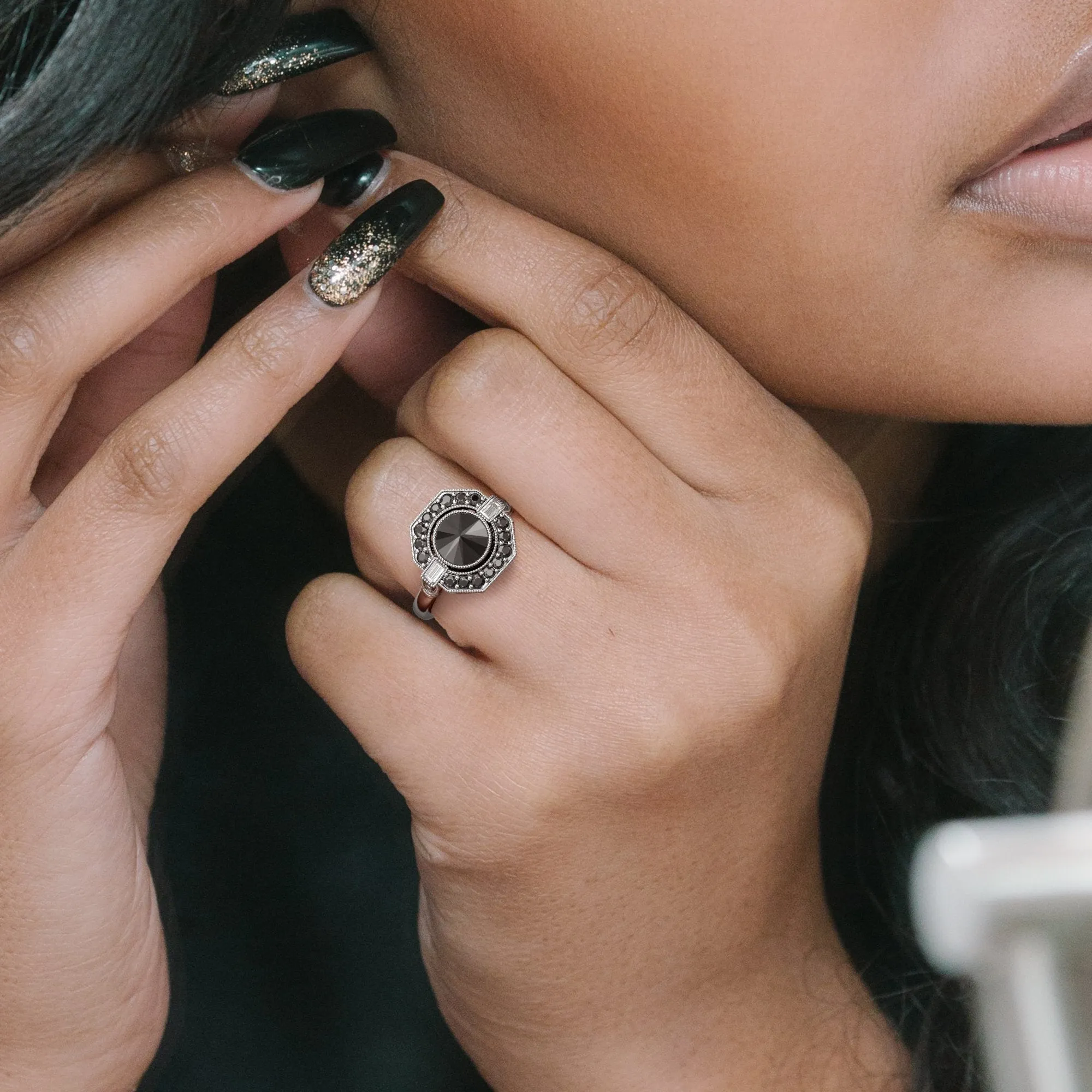 Cosmic Dust Inverted  Natural Black & White Baguette Diamond Ring