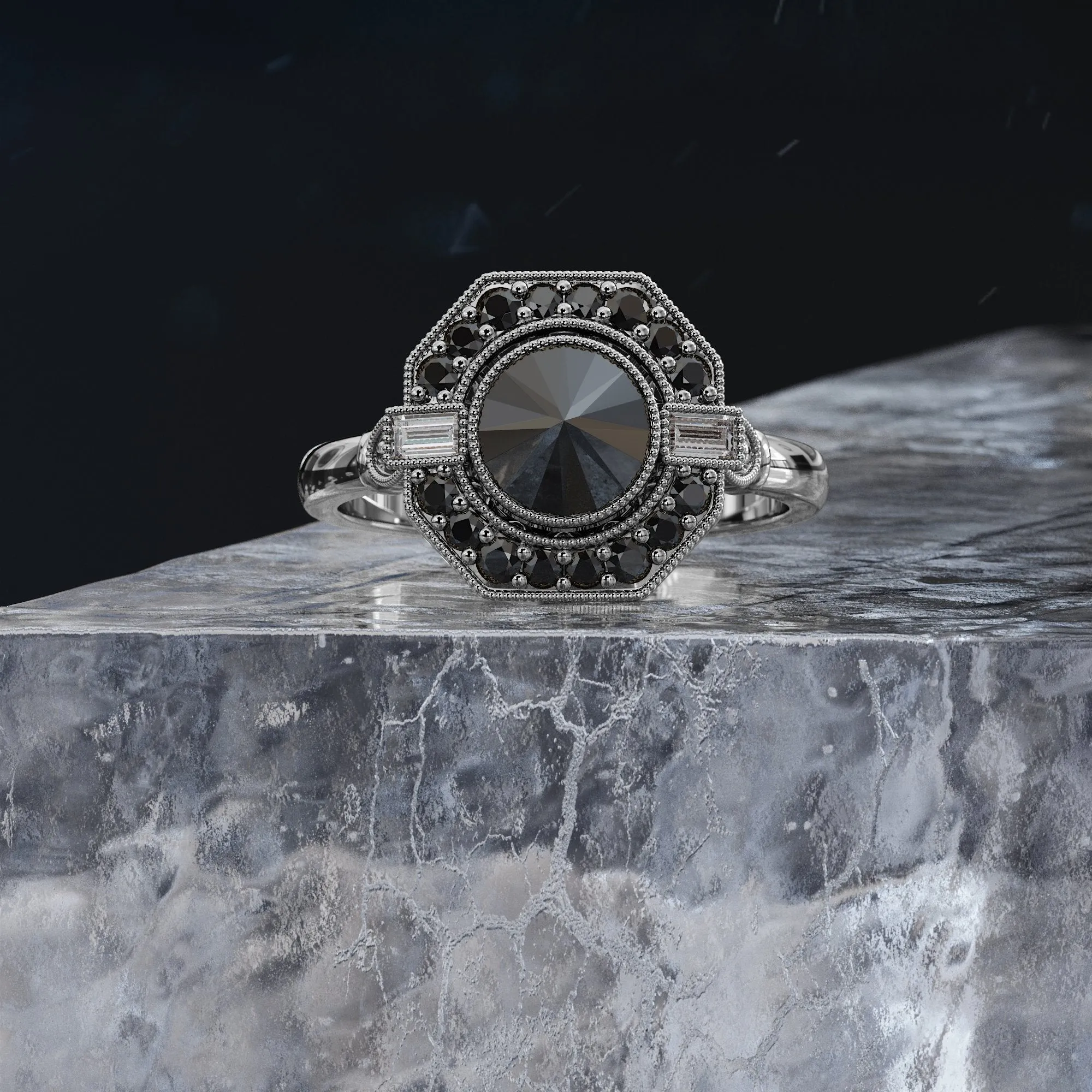 Cosmic Dust Inverted  Natural Black & White Baguette Diamond Ring