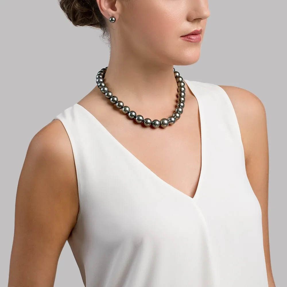 Dark Round Tahitian Pearl Necklace, 12.0-14.0mm - AAA Quality