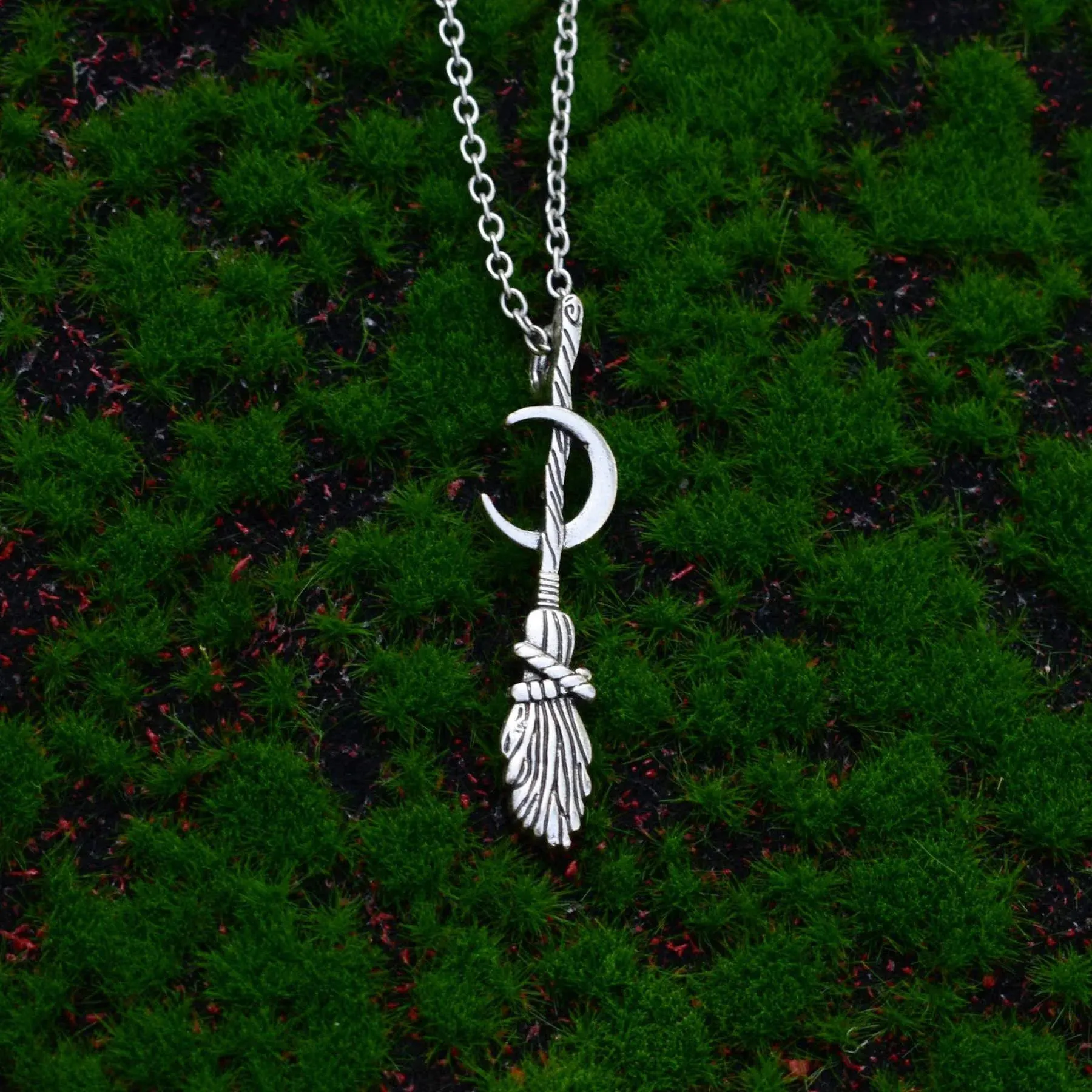 Dark Wiccan Witches Moon Broomstick Necklace