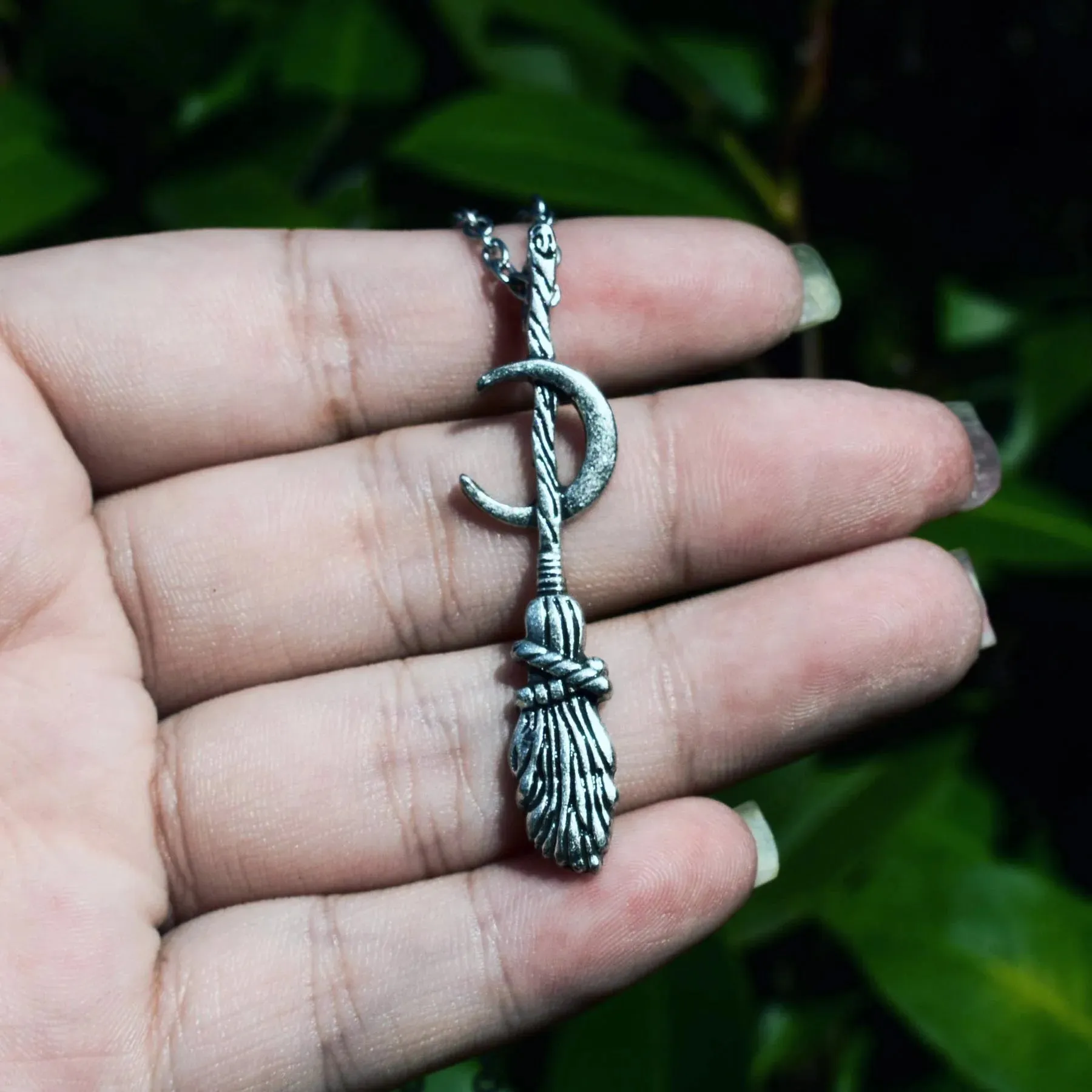 Dark Wiccan Witches Moon Broomstick Necklace