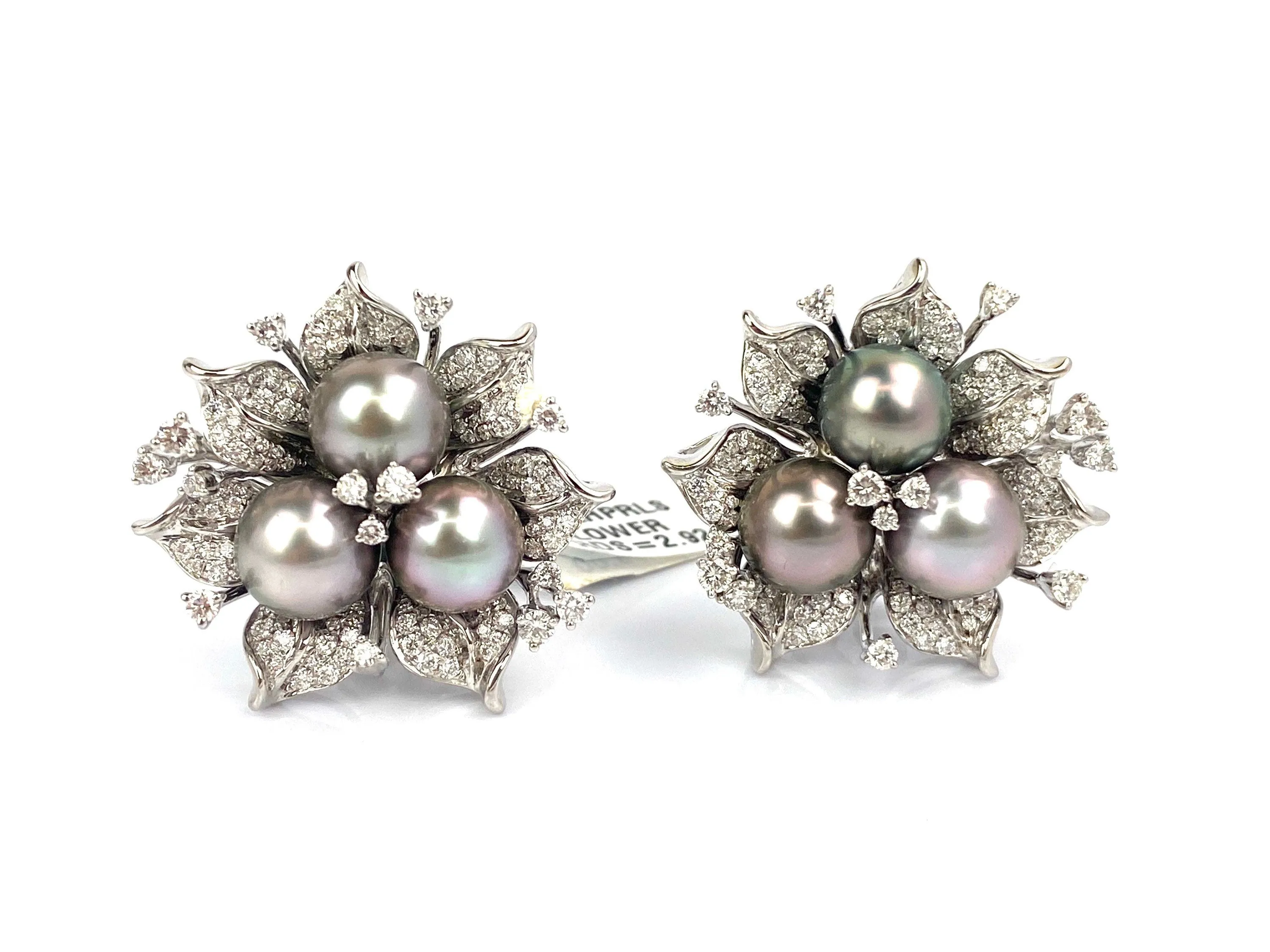 Diamond, 18k white gold, Tahitian Pearl White Gold Flower Earrings , Sku#043-00419