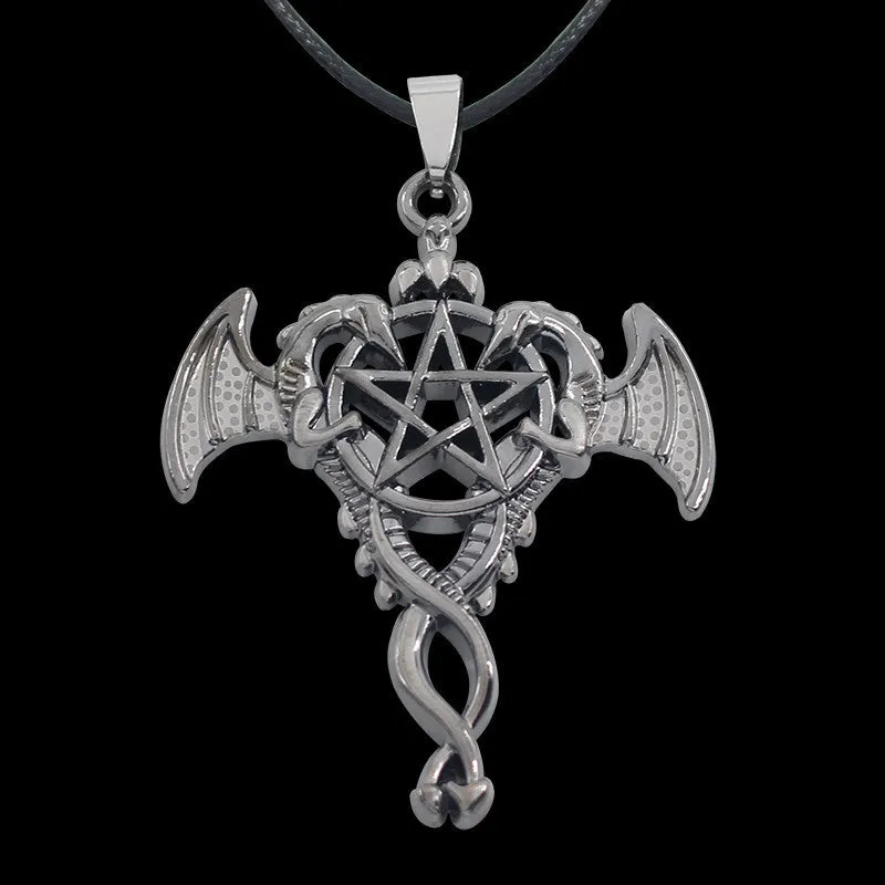 Double Dragon Pendant Hollow Pentagram Necklace