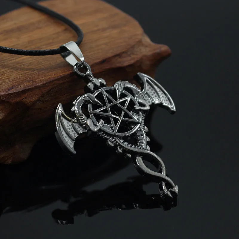 Double Dragon Pendant Hollow Pentagram Necklace