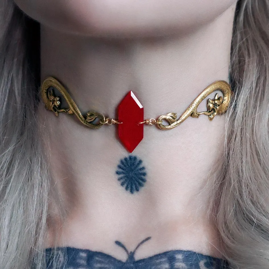 DRAKE. Red Glass Dragon Choker - Gold