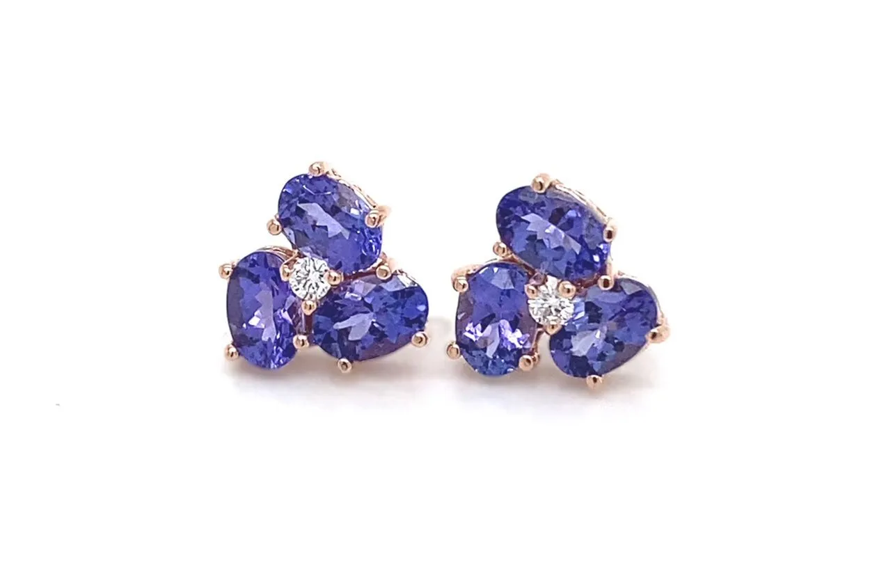 Earrings Center Diamond and Oval Gemstones Flower 18kt Gold