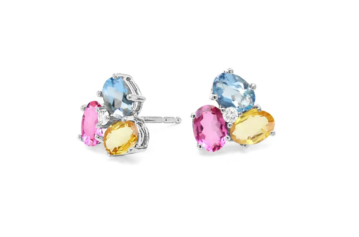 Earrings Center Diamond and Oval Gemstones Flower 18kt Gold