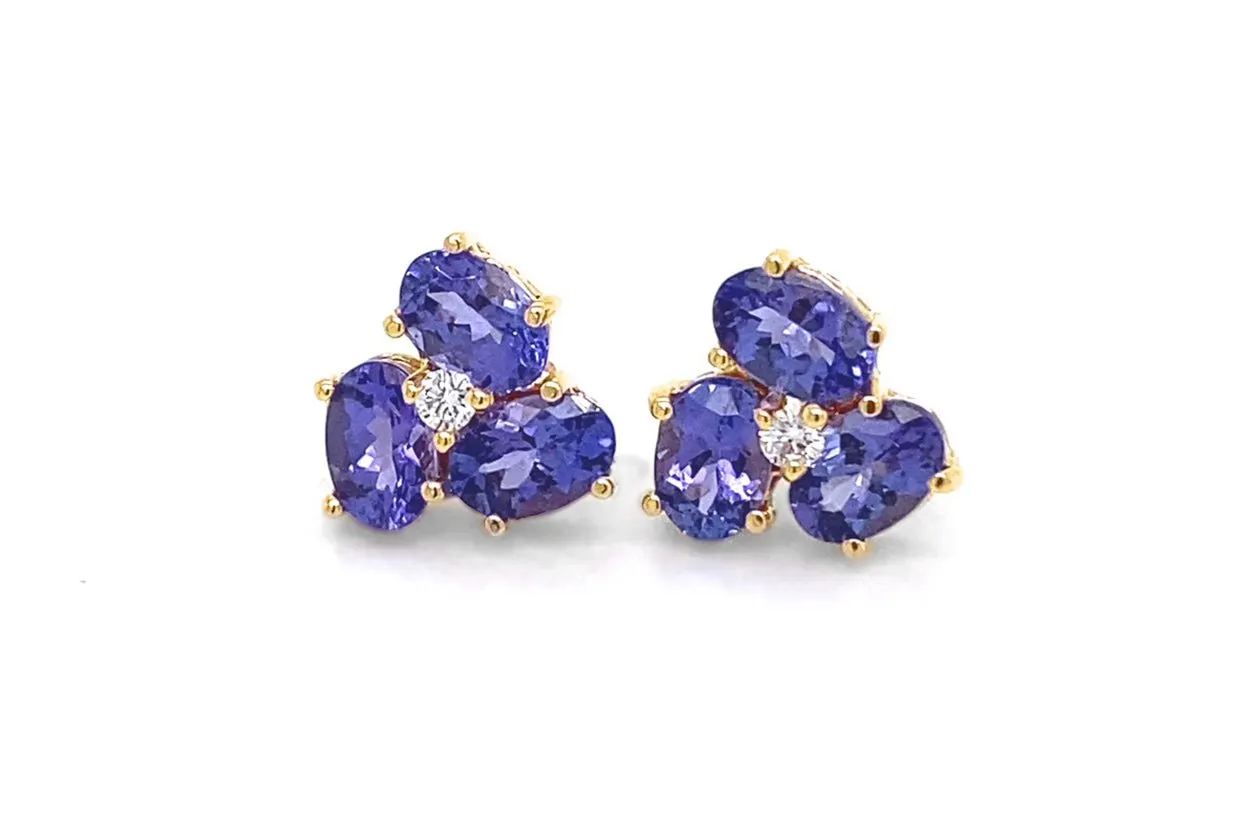 Earrings Center Diamond and Oval Gemstones Flower 18kt Gold