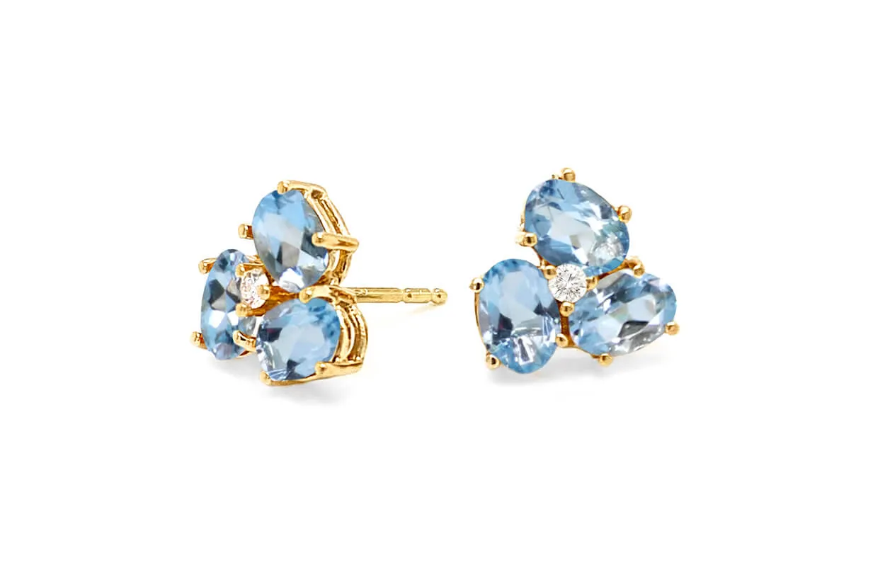 Earrings Center Diamond and Oval Gemstones Flower 18kt Gold